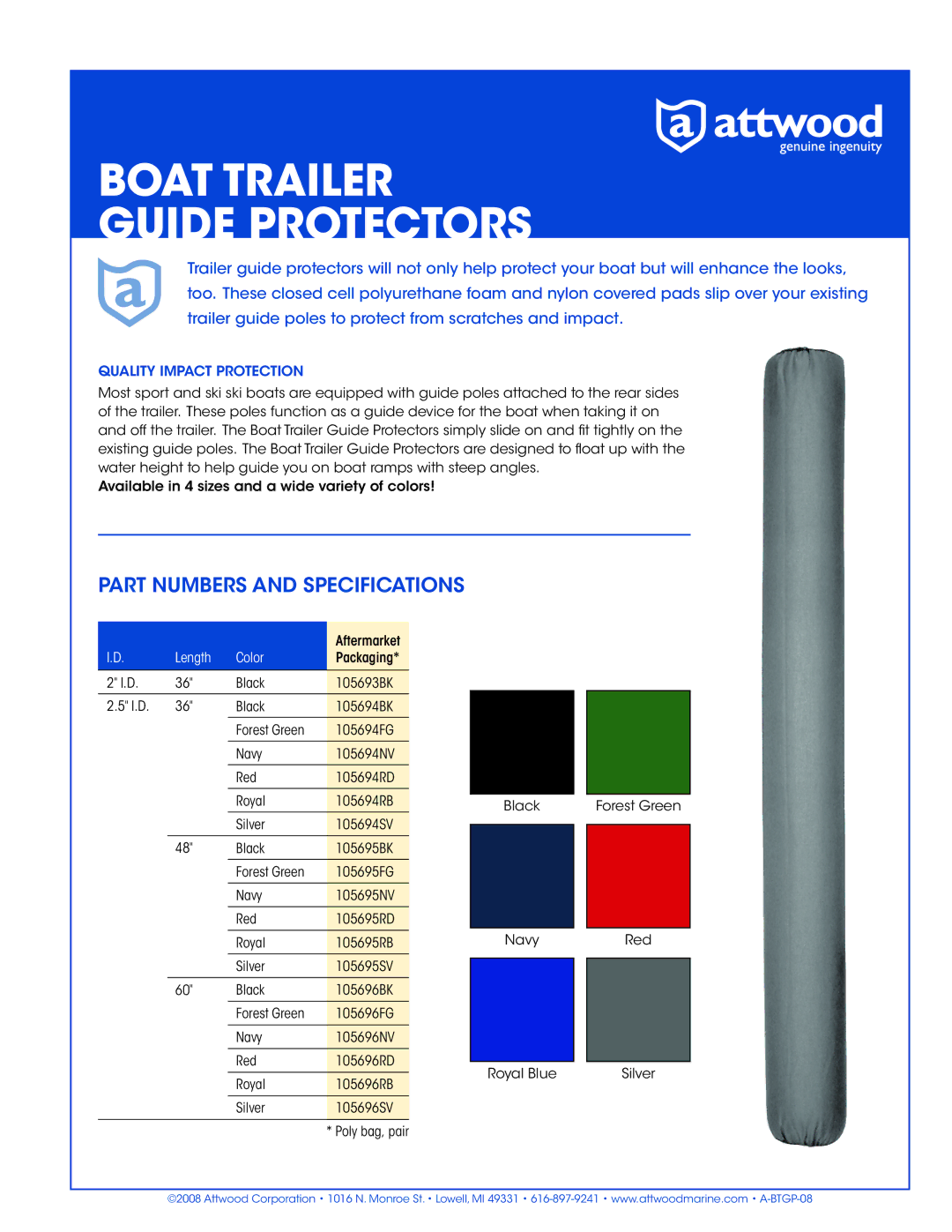 Attwood 105695NV Boat Trailer Guide Protectors, Part Numbers and Specifications, Quality Impact Protection, Length Color 