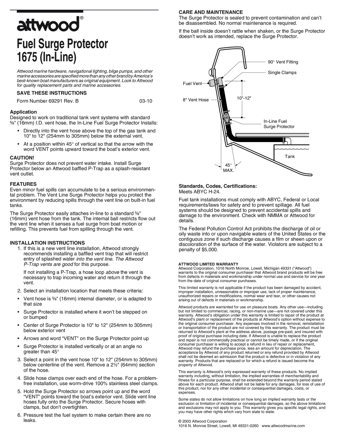 Attwood installation instructions Fuel Surge Protector 1675 In-Line, Features, Installation Instructions 