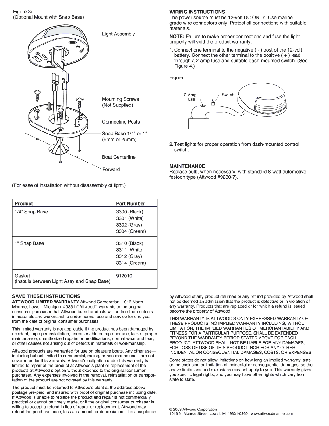 Attwood 3120, 3134, 3154, 3104, 3150, 3130, 3100, 3124 Product Part Number, Wiring Instructions, Maintenance, Amp Switch Fuse 