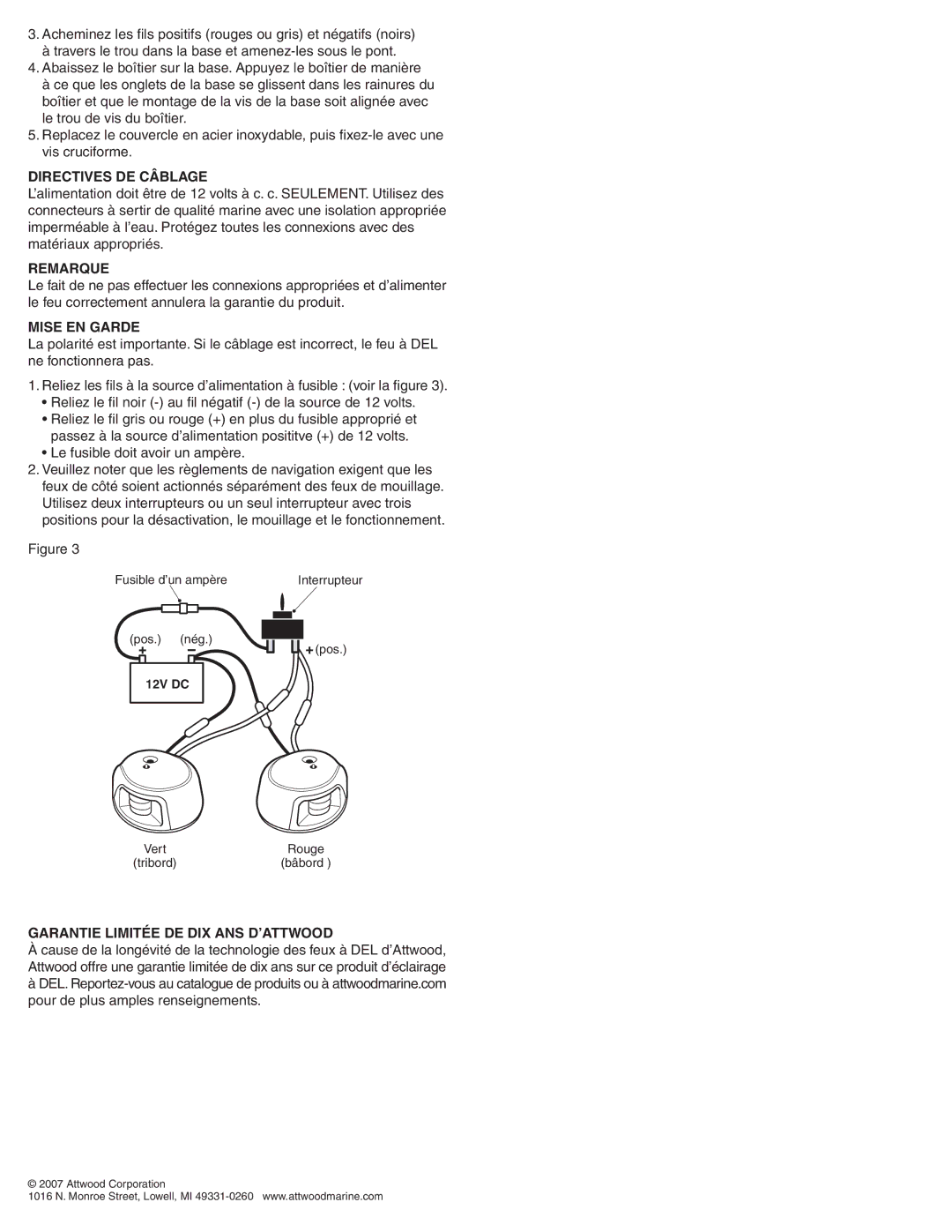 Attwood 3500 Series, 3550 Directives DE Câblage, Le fusible doit avoir un ampère, Garantie Limitée DE DIX ANS D’ATTWOOD 