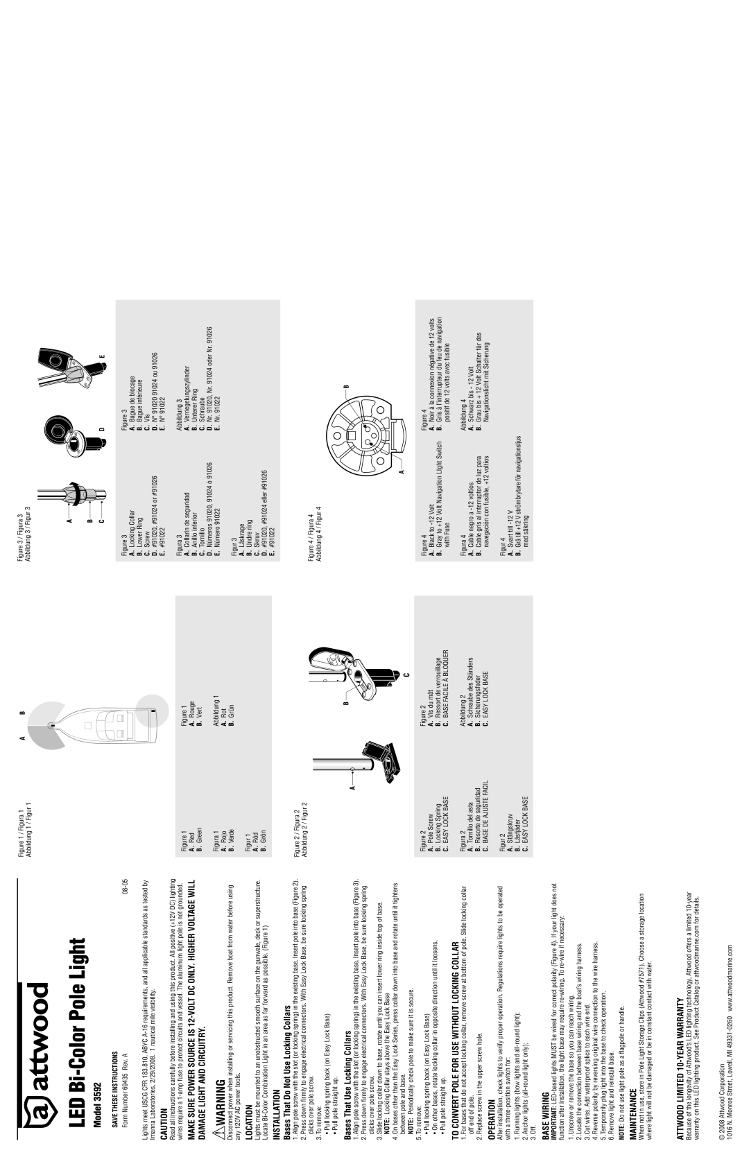 Attwood 3592 warranty Location, Installation, To Convert Pole for USE Without Locking Collar, Operation, Base Wiring 