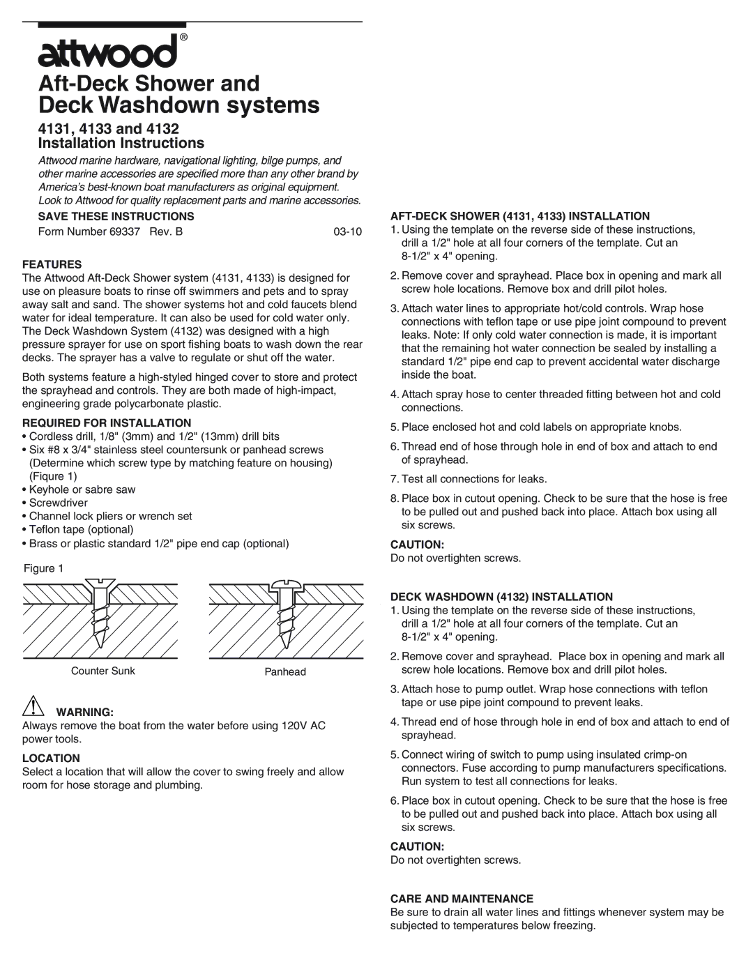 Attwood 4131 installation instructions Features, Required for Installation, Location, Deck Washdown 4132 Installation 