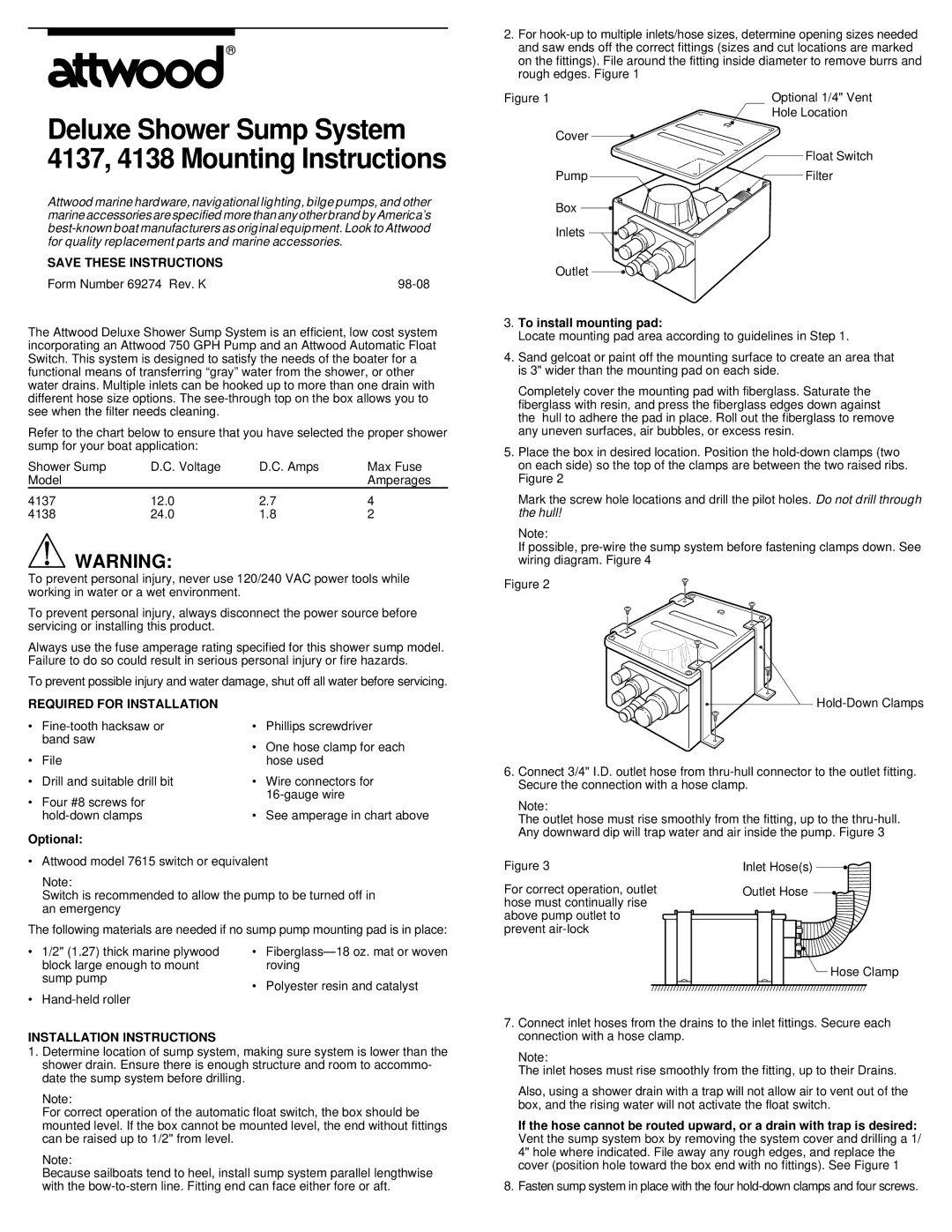 Attwood 4138, 4137 installation instructions Required for Installation, Optional, Installation Instructions 