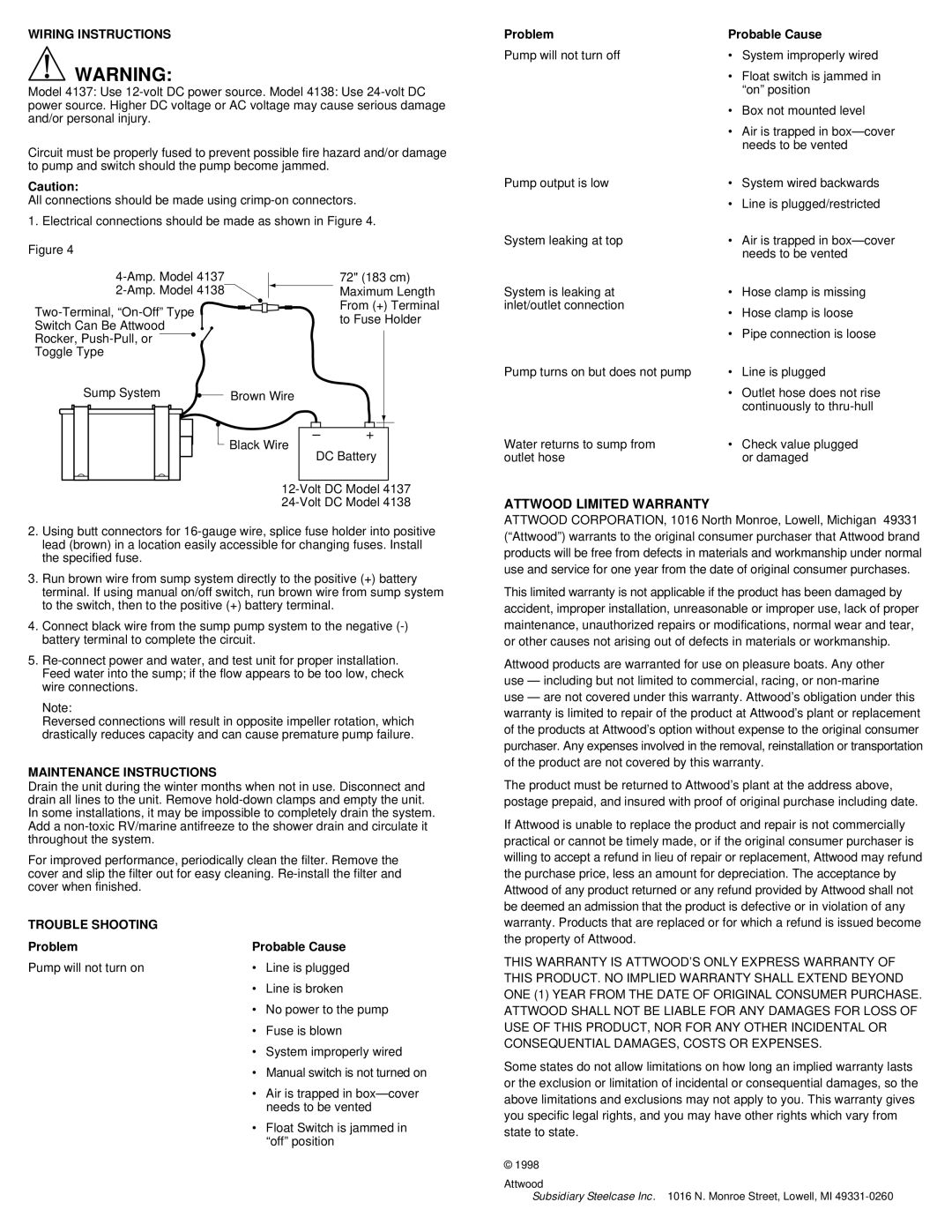 Attwood 4137, 4138 Wiring Instructions, Maintenance Instructions, Trouble Shooting, Problem Probable Cause 