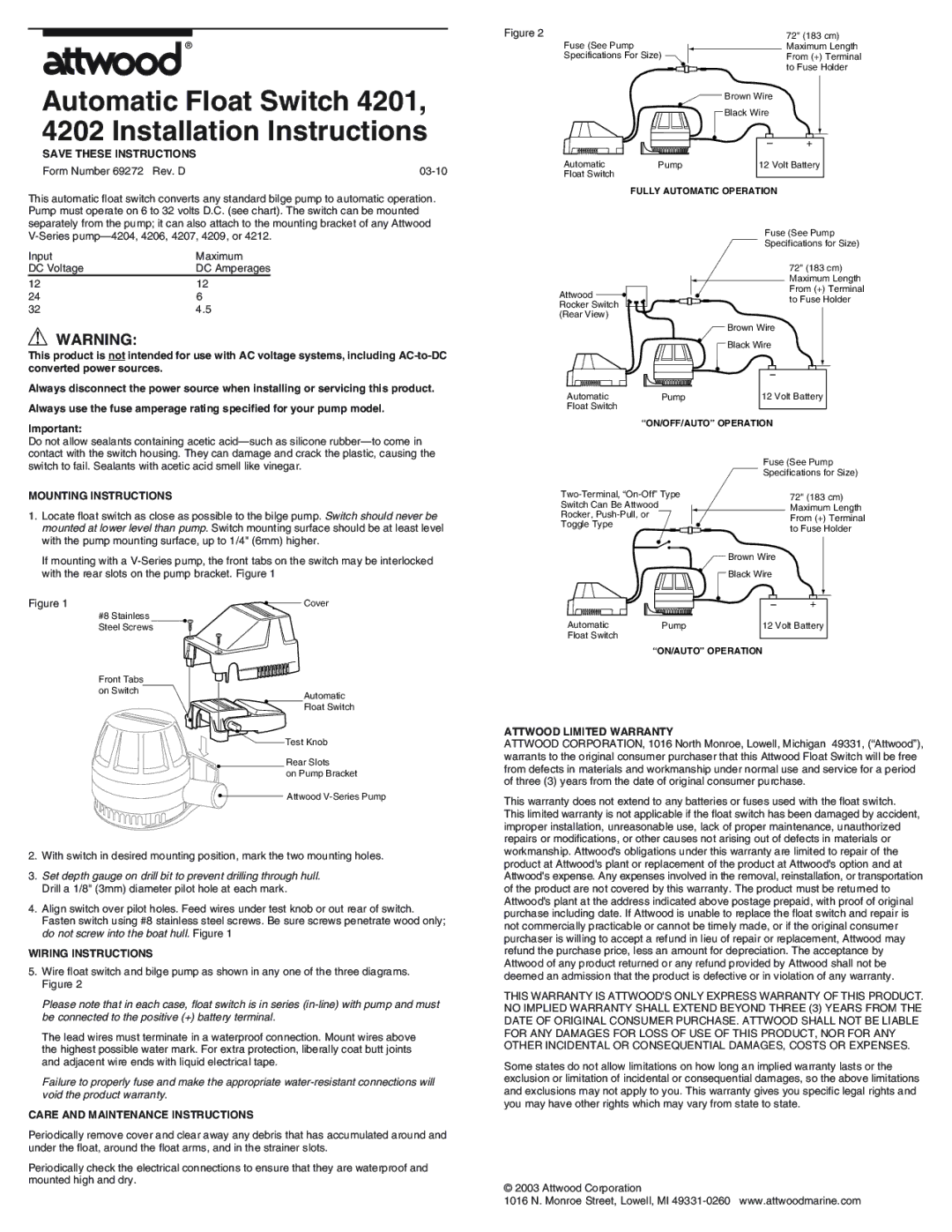 Attwood 4209 installation instructions Form Number 69272 Rev. D 03-10, Mounting Instructions, Attwood Limited Warranty 