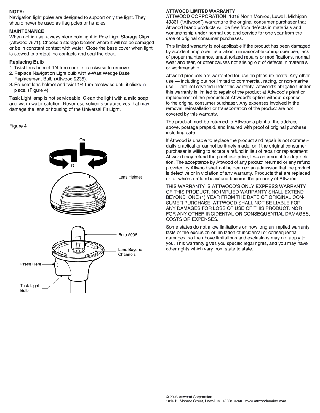 Attwood 5095 installation instructions Maintenance, Replacing Bulb 