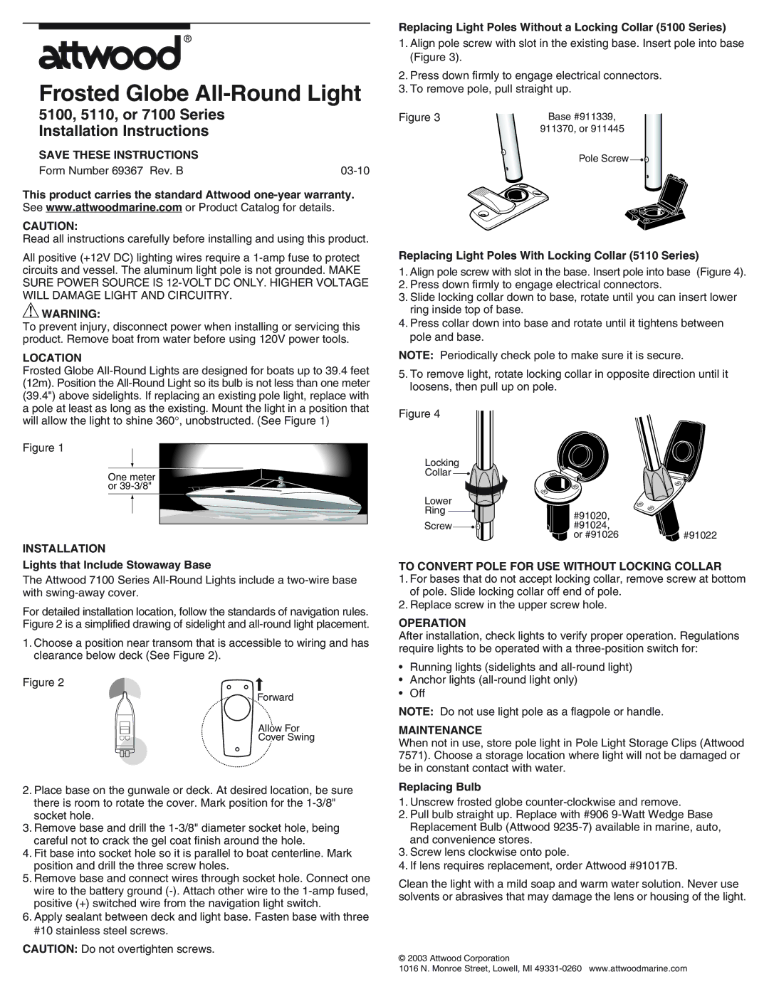 Attwood 7100 installation instructions Location, Installation, To Convert Pole for USE Without Locking Collar, Operation 