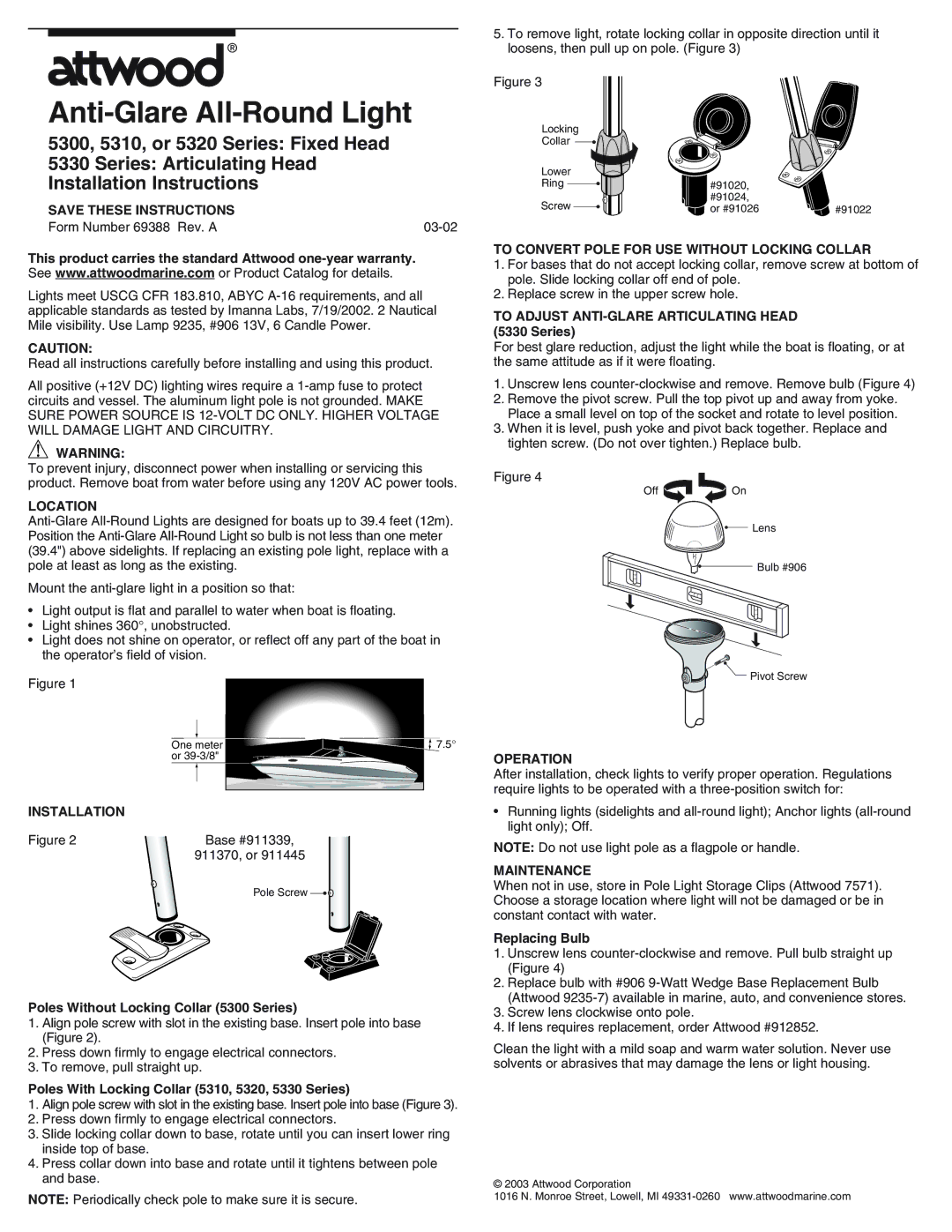 Attwood 5330 installation instructions Location, Installation, To Convert Pole for USE Without Locking Collar, Operation 