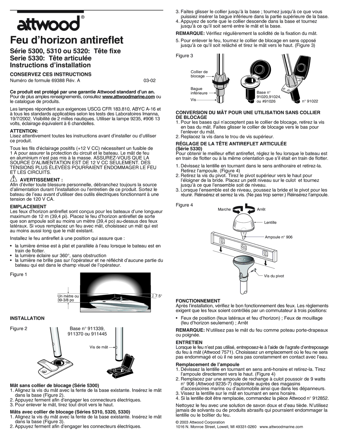 Attwood 5320, 5300, 5330, 5310 installation instructions Avertissement, Emplacement, Fonctionnement, Entretien 