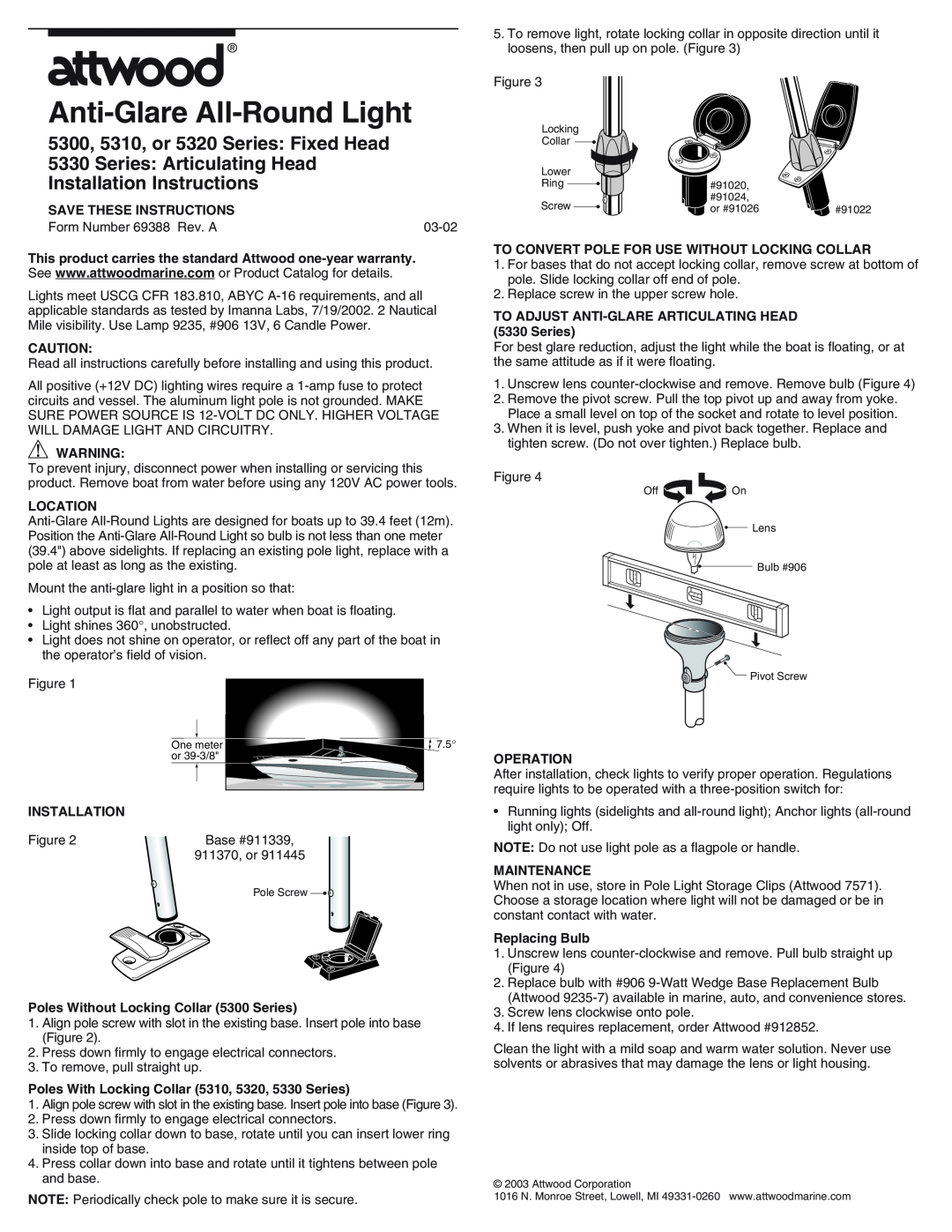 Attwood 5330 installation instructions Anti-Glare All-Round Light, 5300, 5310, or 5320 Series Fixed Head 