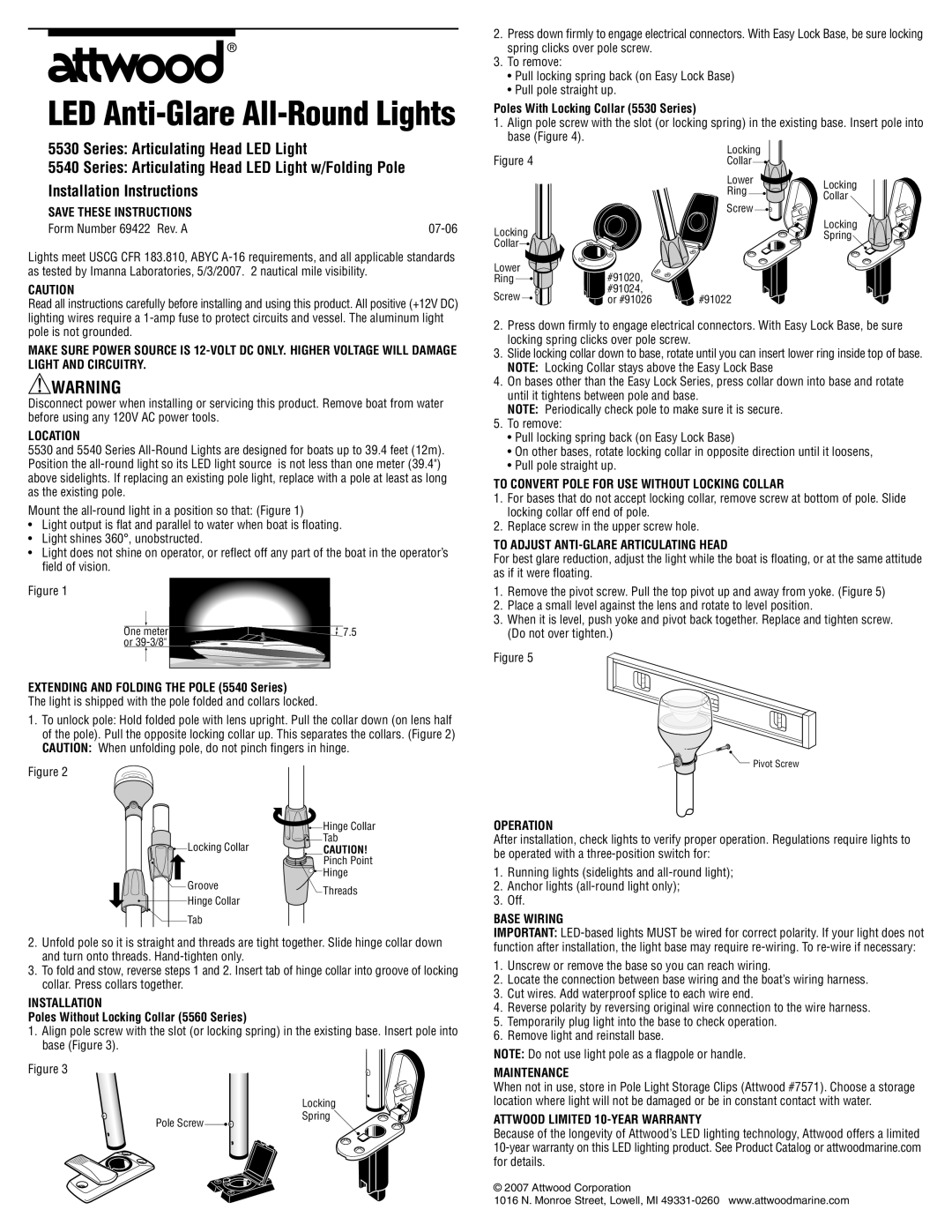 Attwood 5530 Series installation instructions Location, Installation, To Convert Pole for USE Without Locking Collar 