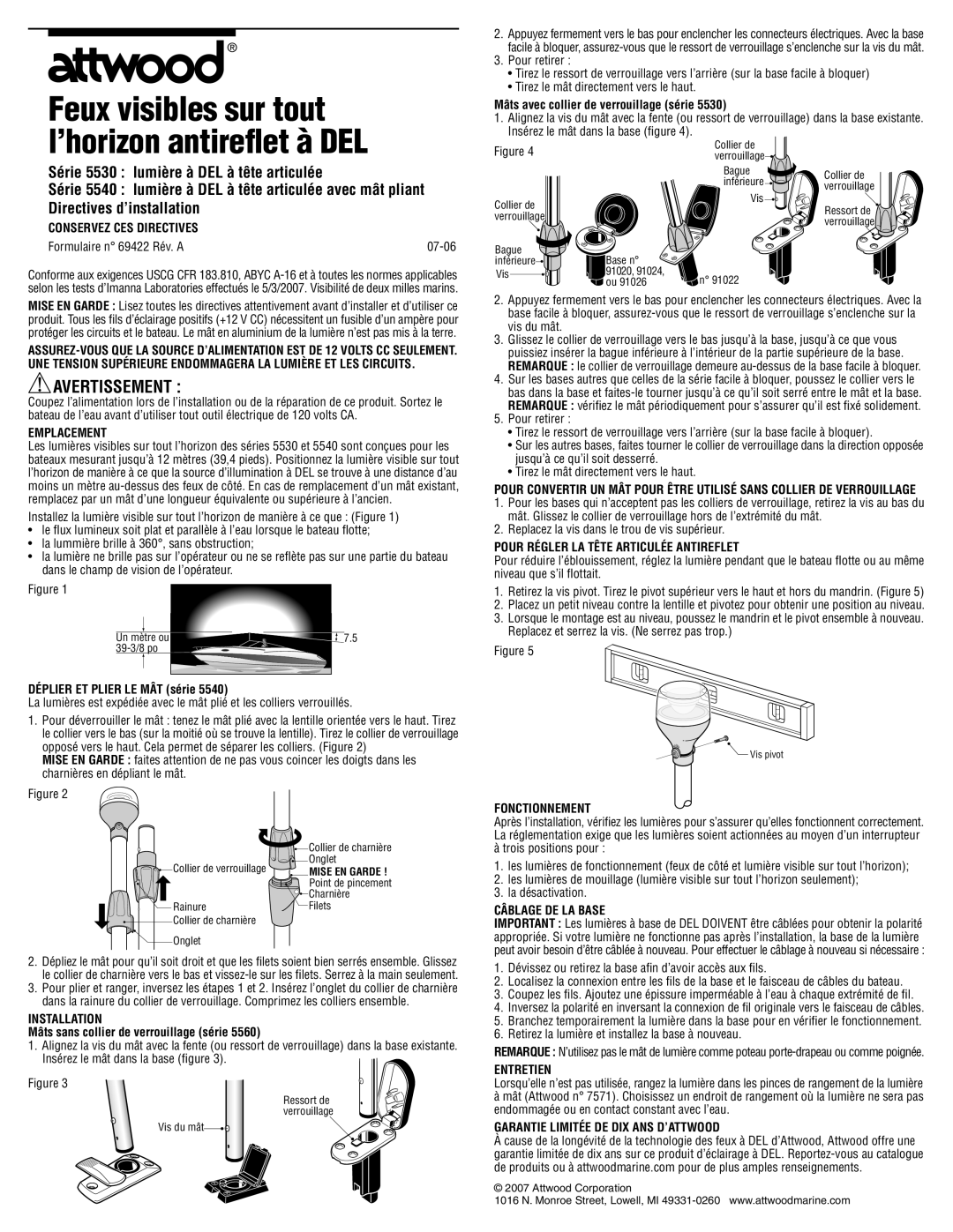 Attwood 5540 Series Conservez CES Directives, Emplacement, Pour Régler LA Tête Articulée Antireflet, Fonctionnement 