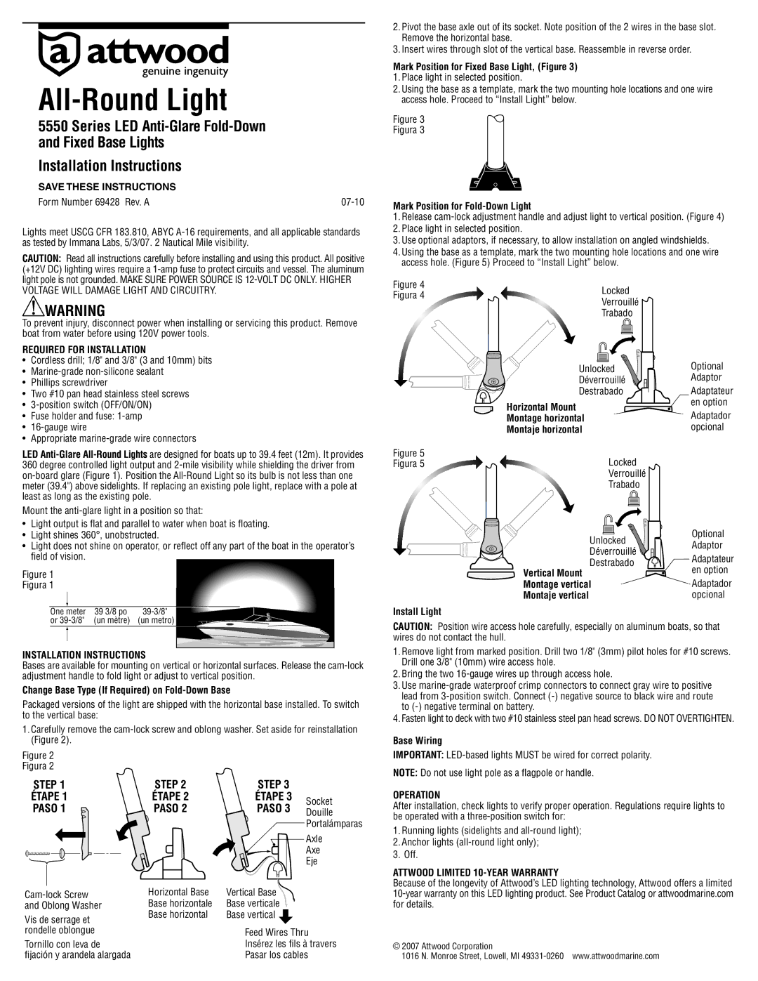 Attwood 5550 installation instructions Mark Position for Fixed Base Light, Figure, Mark Position for Fold-Down Light, Axle 