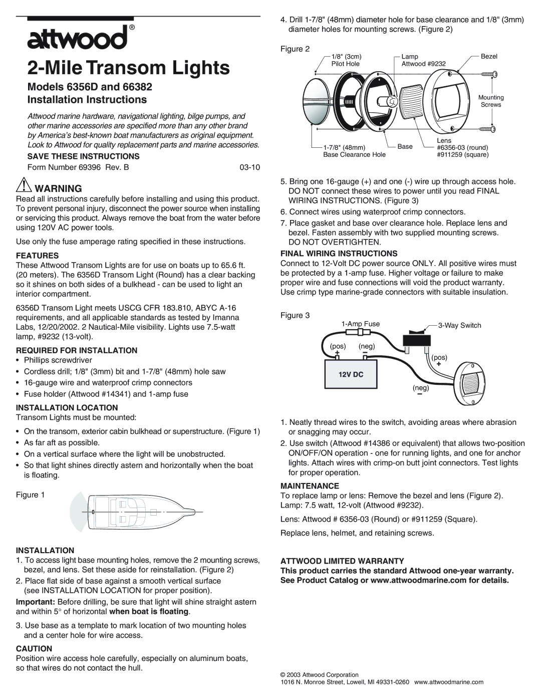 Attwood 66382 installation instructions Mile Transom Lights, Models 6356D Installation Instructions 