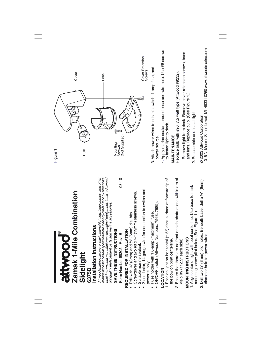 Attwood installation instructions Zamak 1-Mile Combination Sidelight, 6375D Installation Instructions 