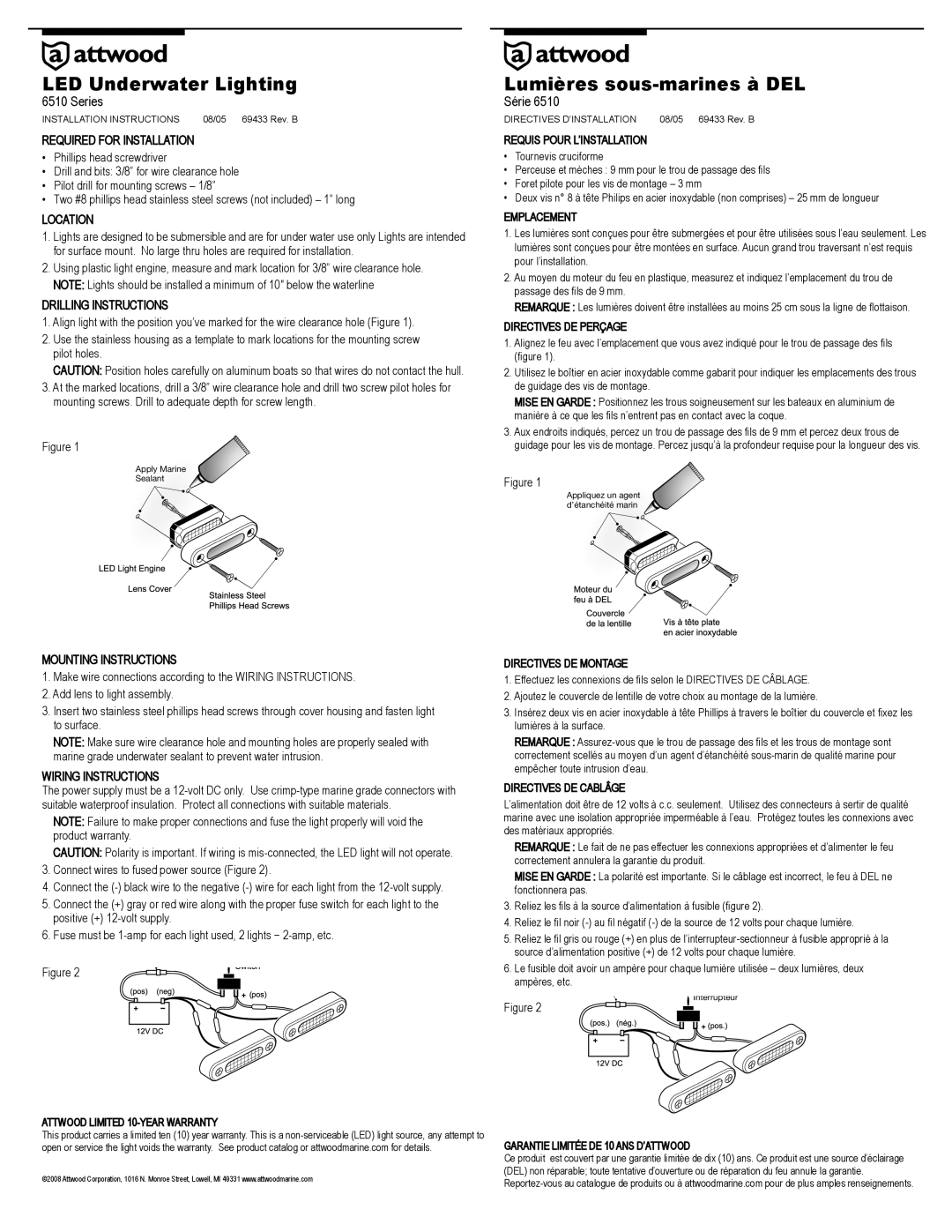 Attwood 6511SS4, 6510SS4 installation instructions LED Underwater Lighting, Lumières sous-marines à DEL, Series, Série 