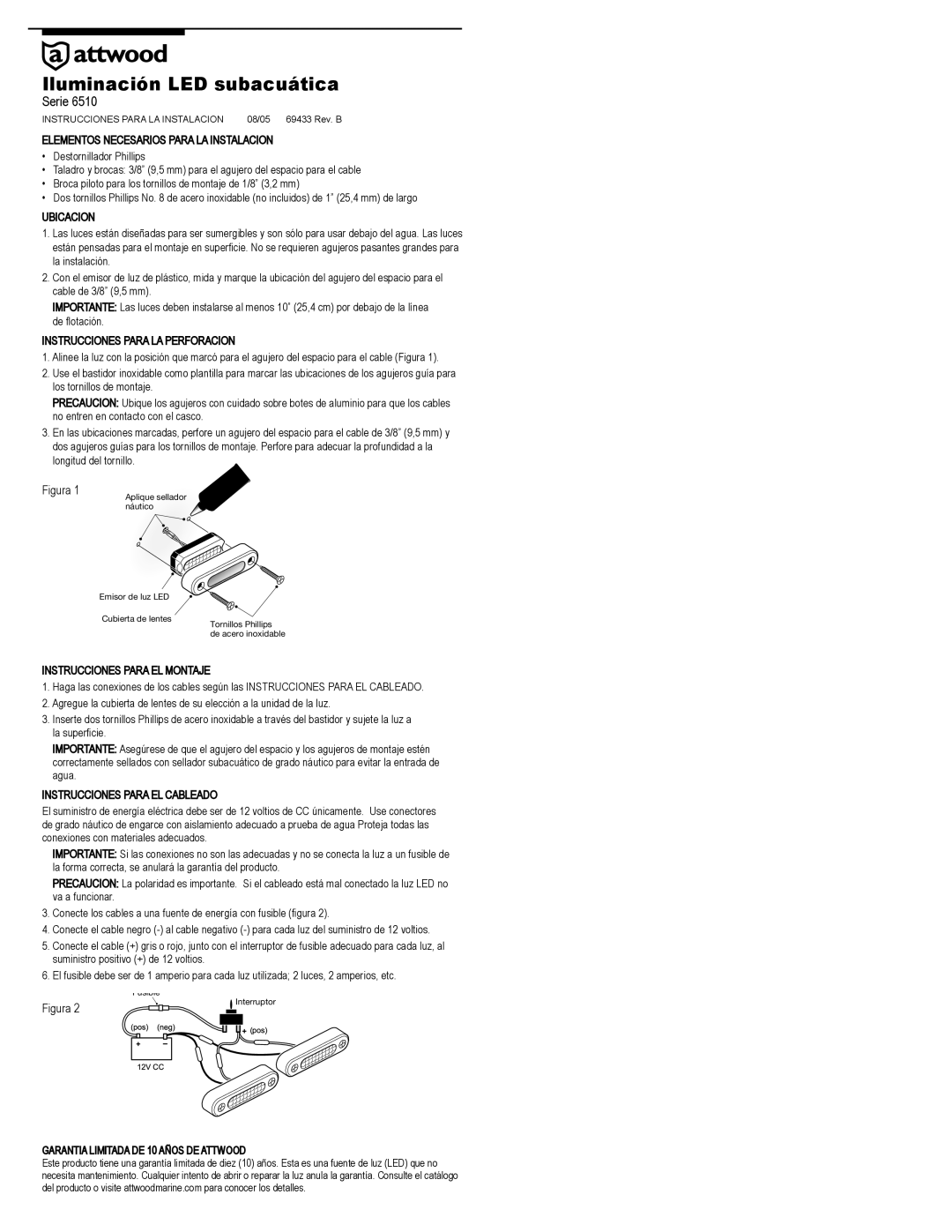 Attwood 6510 Series, 6510SS4, 6511SS4, 69433, 6512SS4 installation instructions Iluminación LED subacuática 