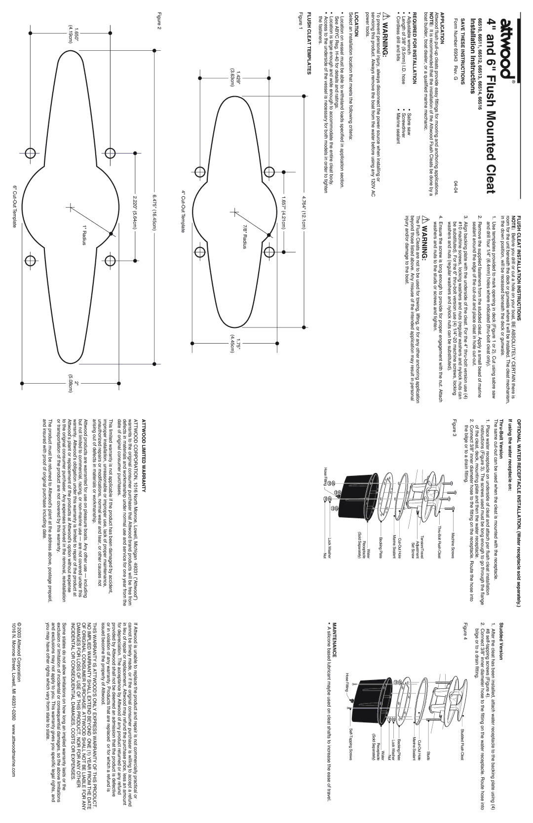 Attwood 66516 installation instructions Application, Required for Installation, Flush Cleat Installation Instructions 