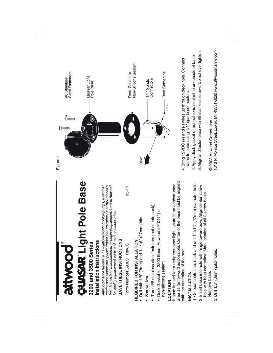 Attwood 3200, 69303 installation instructions Light Pole Base, Series, Installation Instructions 