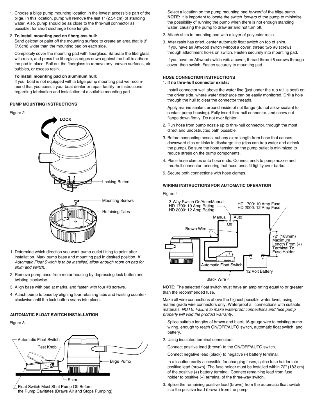 Attwood 4030, 69317 Pump Mounting Instructions Lock, Automatic Float Switch Installation, Hose Connection Instructions 