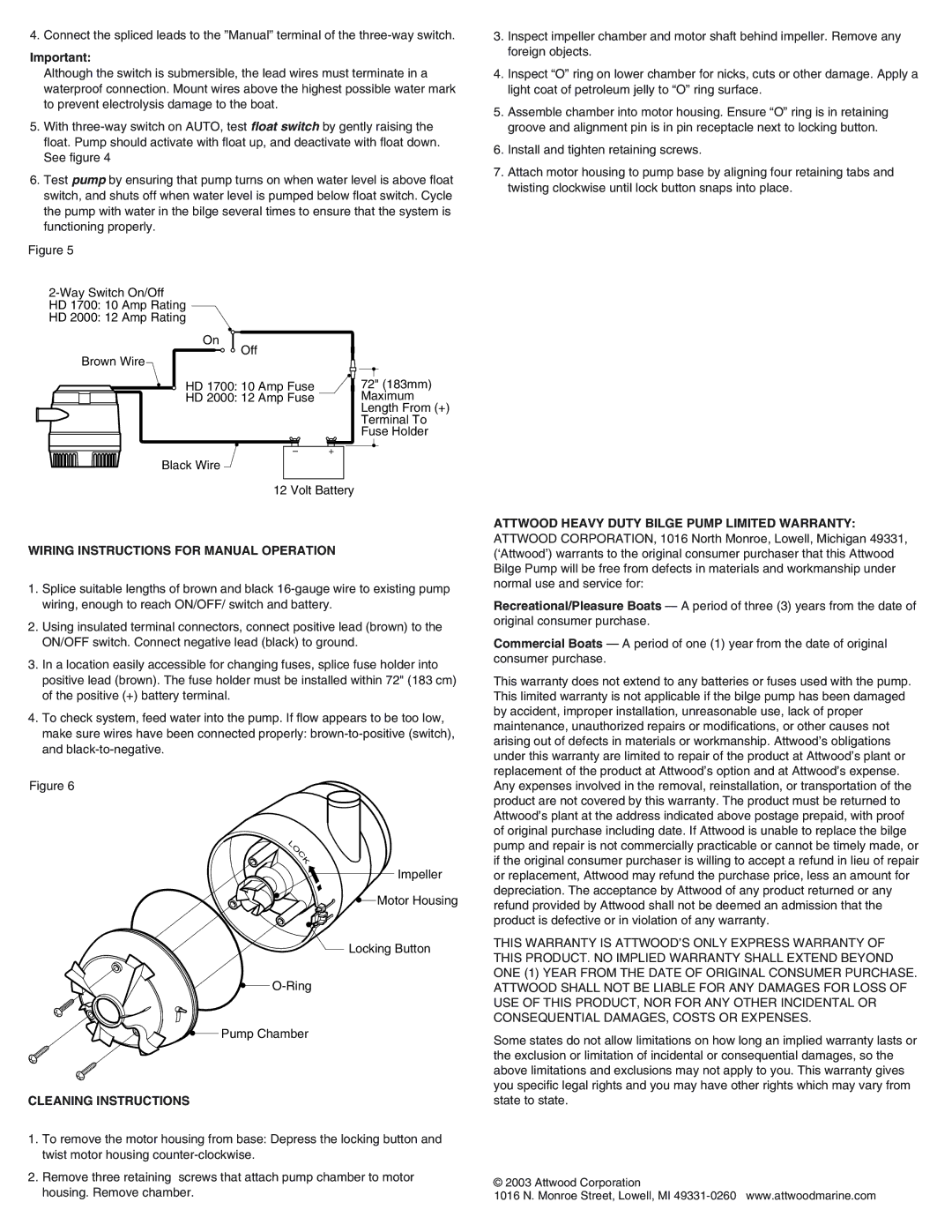 Attwood 4201, 69317, 4061, 4030, 4031, 4202, 4060 Wiring Instructions for Manual Operation, Cleaning Instructions 