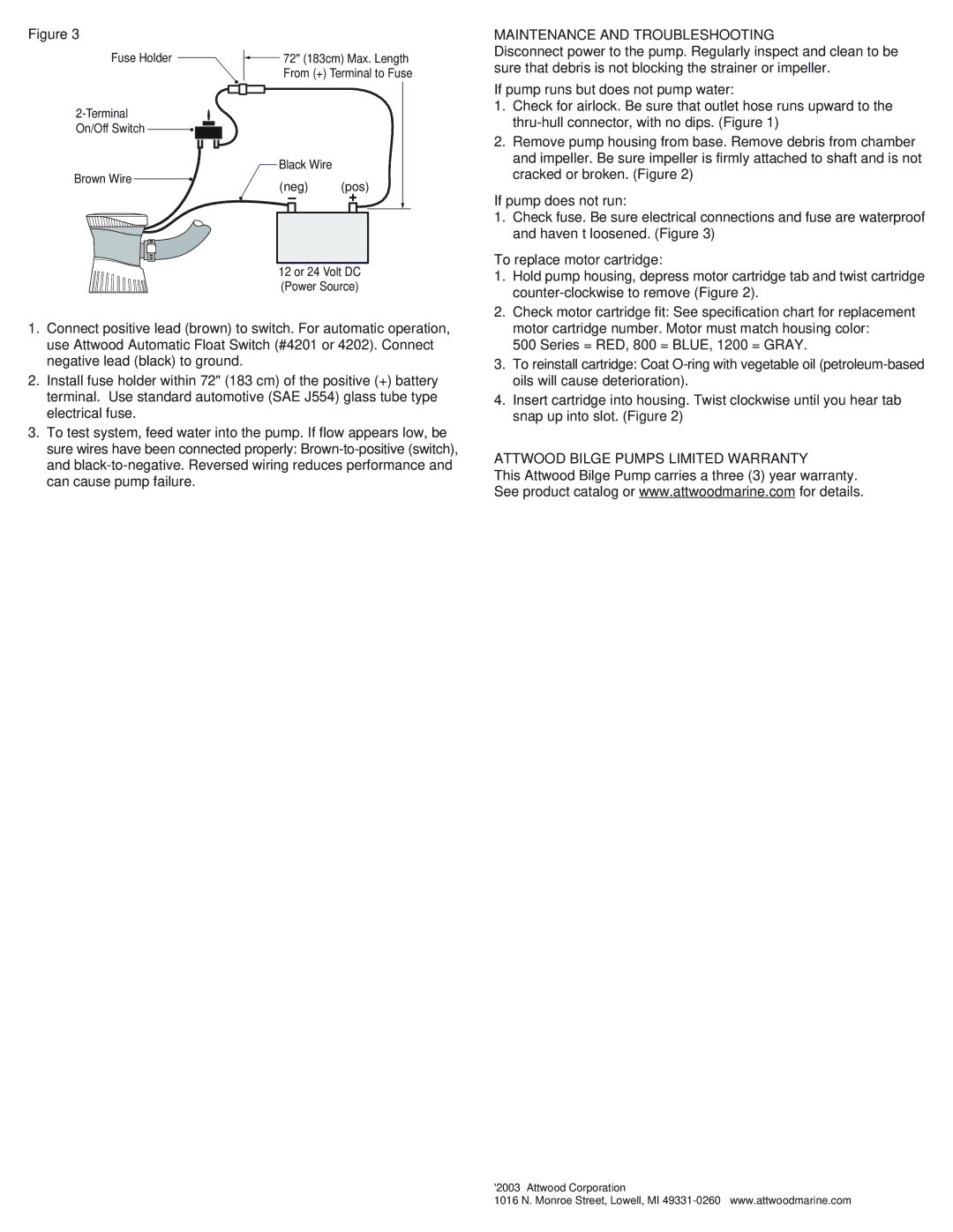 Attwood 4606, 69390, 4613, 4612 Maintenance and Troubleshooting, If pump runs but does not pump water, If pump does not run 