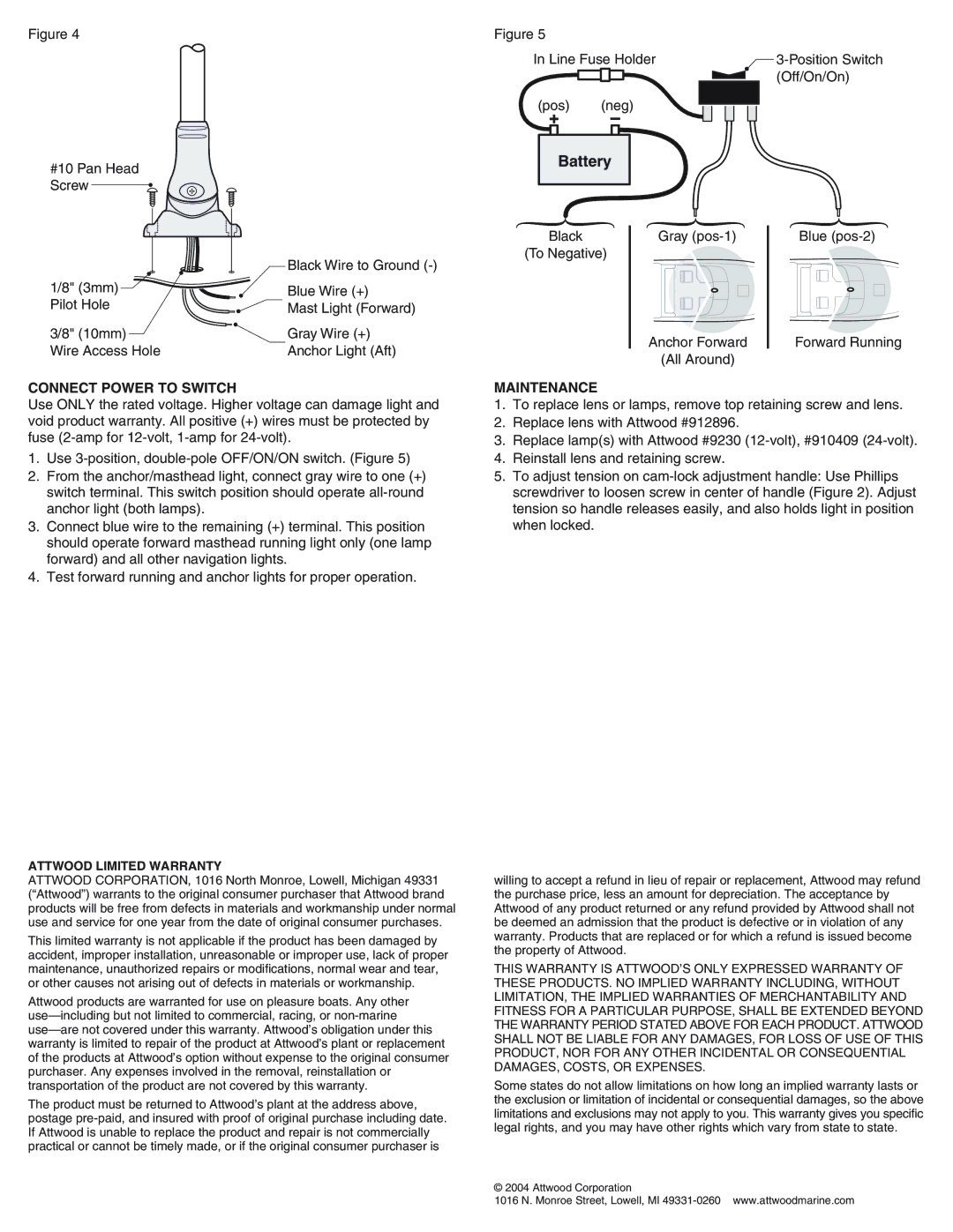 Attwood 7450 Series, 7200 Series, 7400 Series, 7250 Series installation instructions Connect Power to Switch, Maintenance 