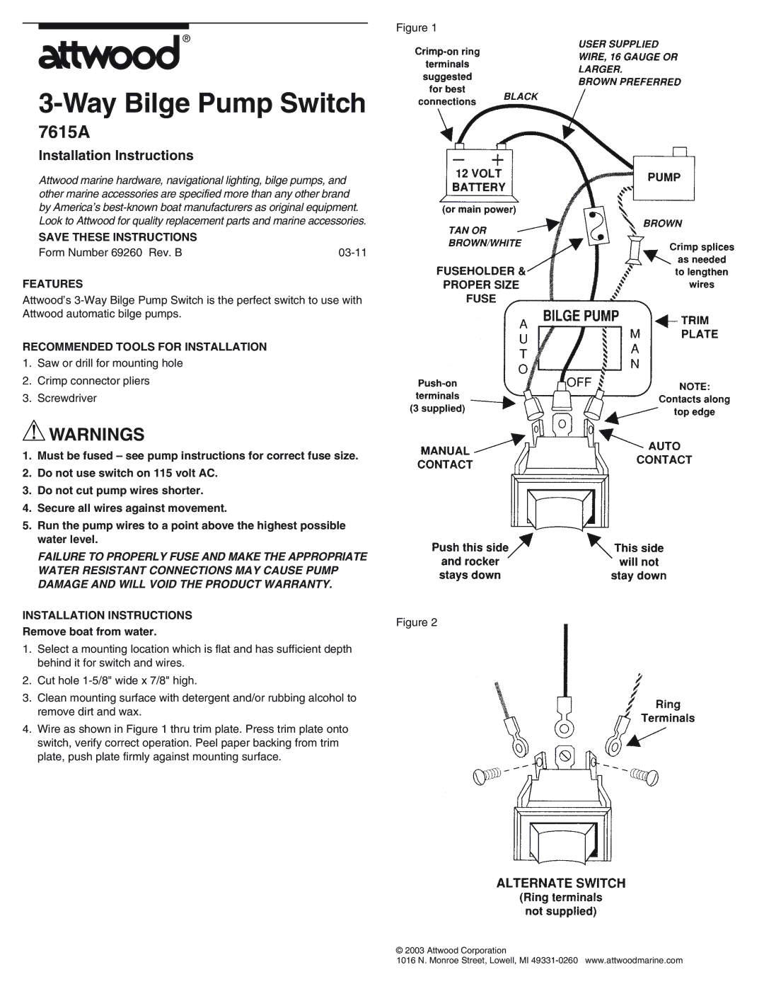 Attwood 69260 installation instructions Way Bilge Pump Switch, 7615A, Installation Instructions 