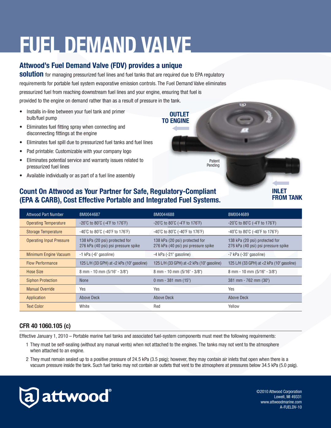 Attwood 8M0044687, 8M004689 manual Attwood’s Fuel Demand Valve FDV provides a unique, Inlet, CFR 40 1060.105 c, From Tank 