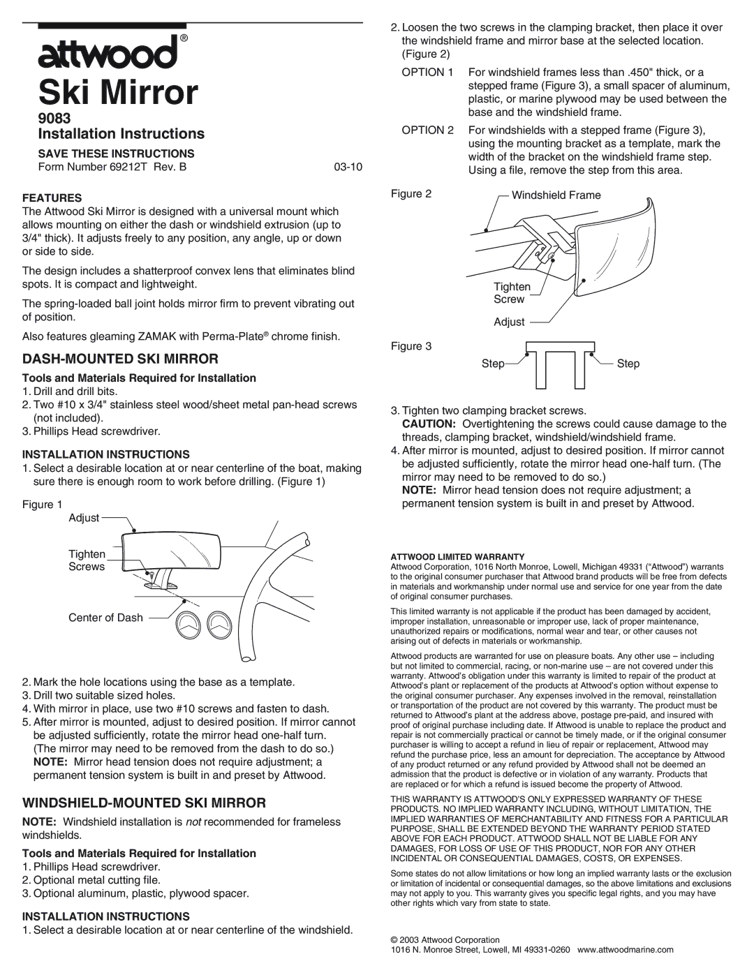 Attwood 69212T installation instructions Installation Instructions, DASH-MOUNTED SKI Mirror, WINDSHIELD-MOUNTED SKI Mirror 