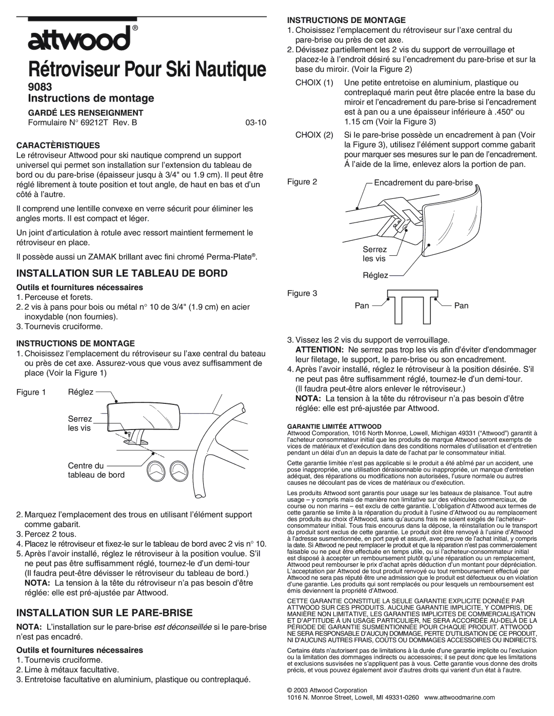 Attwood 9083, 69212T Instructions de montage, Installation SUR LE Tableau DE Bord, Installation SUR LE PARE-BRISE 