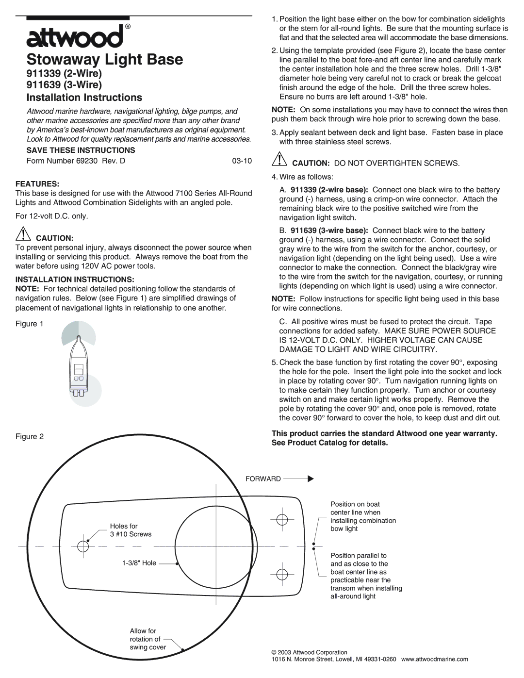 Attwood installation instructions Stowaway Light Base, 911339 2-Wire 911639 3-Wire Installation Instructions, Features 