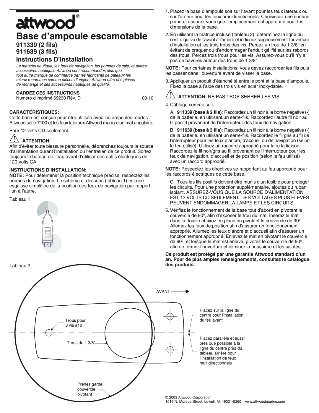 Attwood Base d’ampoule escamotable, 911339 2 fils 911639 3 fils Instructions D’Installation, Caractéristiques, Avant 