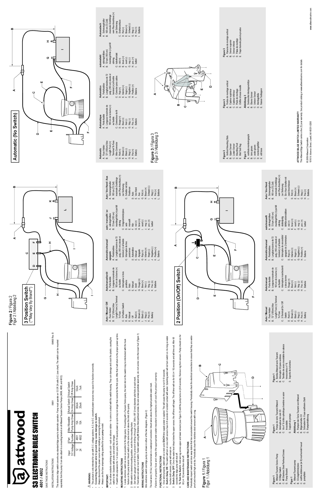 Attwood 4802, S3 Series, 4801, 0169460 installation instructions S3 Electronic Bilge Switch, Automatic No Switch 