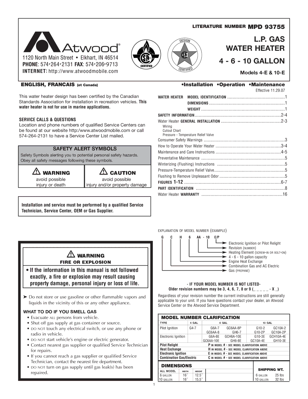 Atwood Mobile Products 4-E dimensions Service Calls & Questions, Fire or Explosion, If Your Model Number is not Listed 