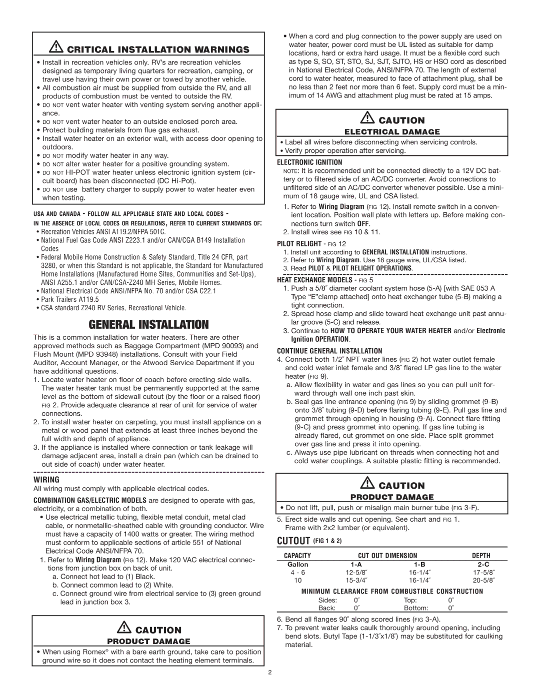 Atwood Mobile Products 10-E, 4-E dimensions Wiring, Product Damage, Electrical Damage 