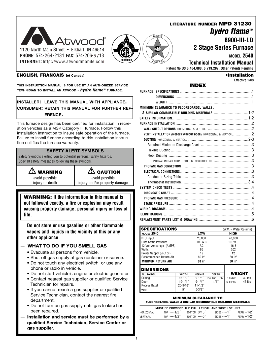 Atwood Mobile Products 2540 installation manual What to do if YOU Smell GAS, Index, Literature Number MPD, Specifications 