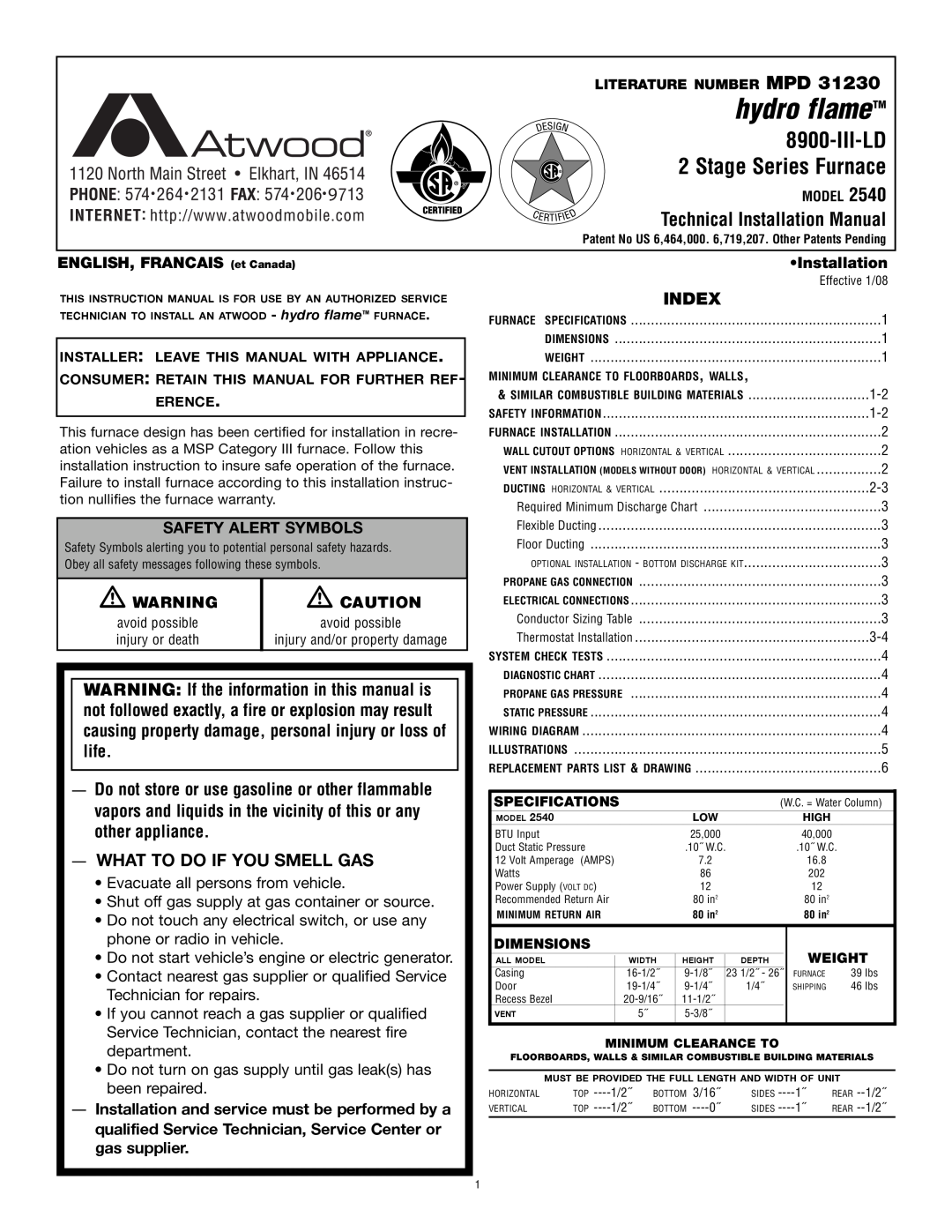 Atwood Mobile Products 2540 installation manual What To Do If You Smell Gas, Index, hydro flameTM, Iii-Ld 
