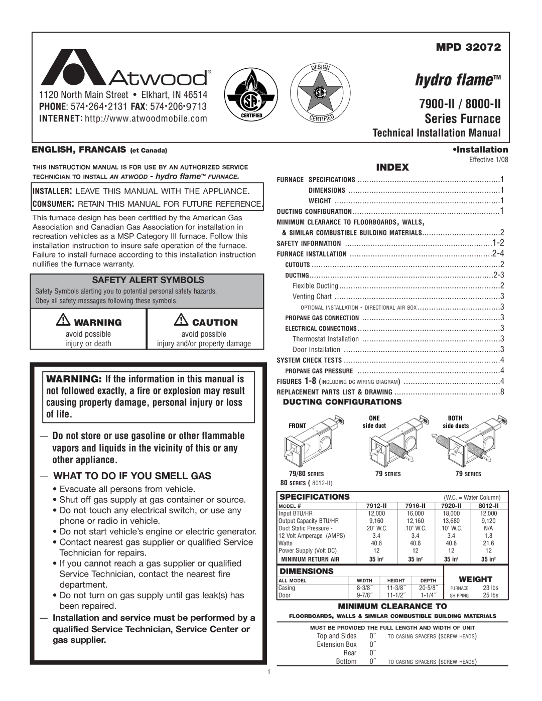 Atwood Mobile Products 8012-II, 7916-II, 7920-II, MPD 32072 installation manual What to do if YOU Smell GAS, Index 