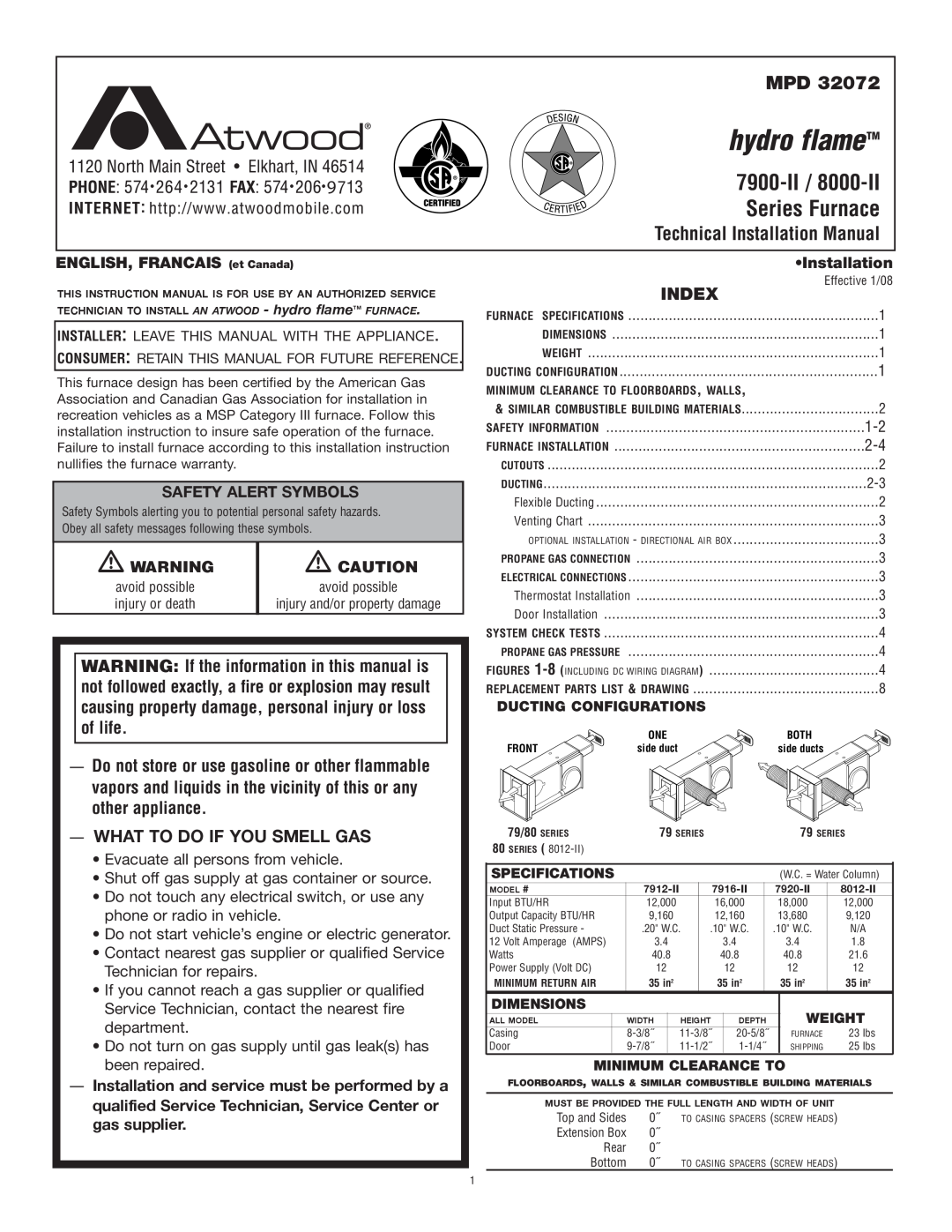Atwood Mobile Products 8012-II, 7916-II installation manual What To Do If You Smell Gas, Index, hydro flameTM, 7900-II 