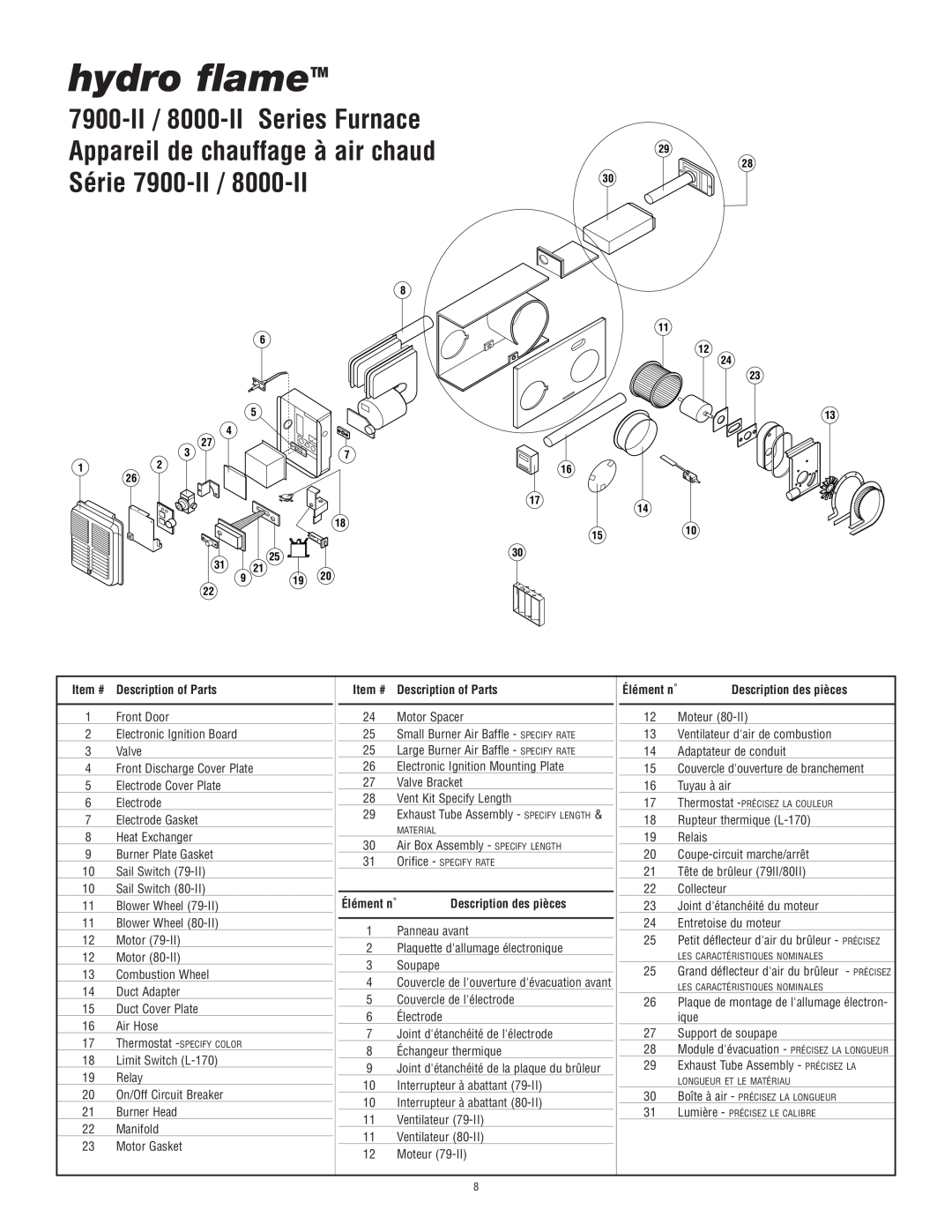 Atwood Mobile Products 8012-II, 7916-II, 7920-II hydro flameTM, Item #, Description of Parts, Description des pièces 