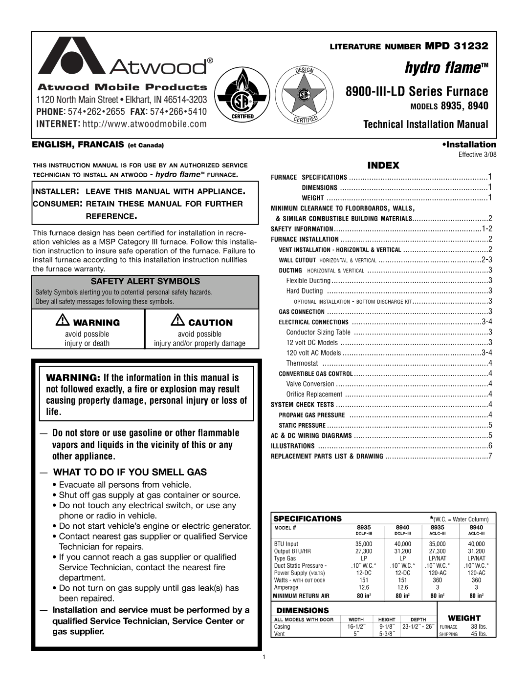 Atwood Mobile Products 8935, 8940 installation manual What to do if YOU Smell GAS, Index 