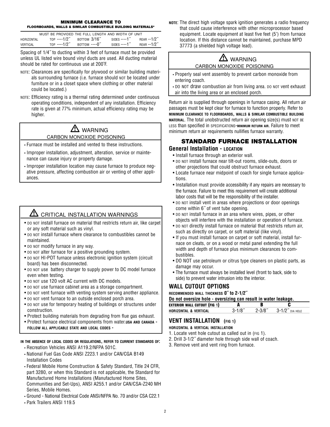 Atwood Mobile Products 8940, 8935 Standard Furnace Installation, Critical Installation Warnings, Carbon Monoxide Poisoning 