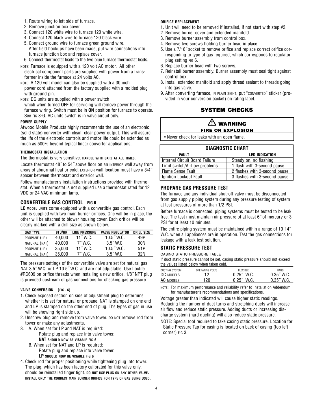 Atwood Mobile Products 8940, 8935 System Checks, Convertible GAS Control FIG, Diagnostic Chart, Propane GAS Pressure Test 