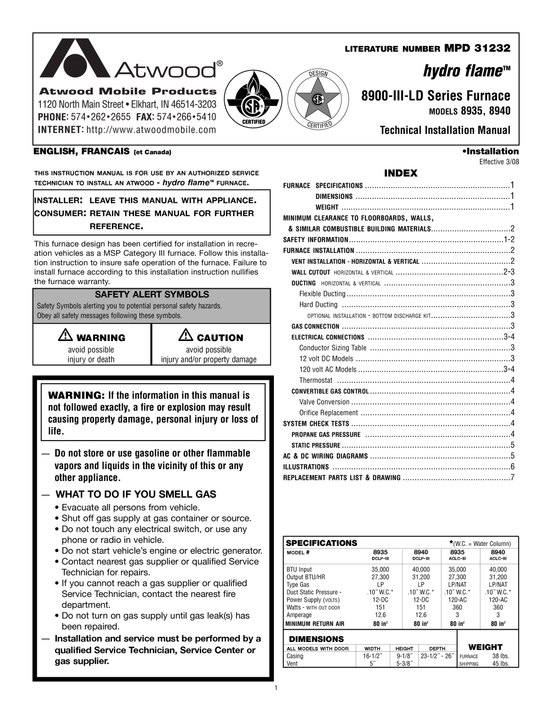 Atwood Mobile Products 8935 installation manual What To Do If You Smell Gas, Index, hydro flameTM, III-LDSeries Furnace 