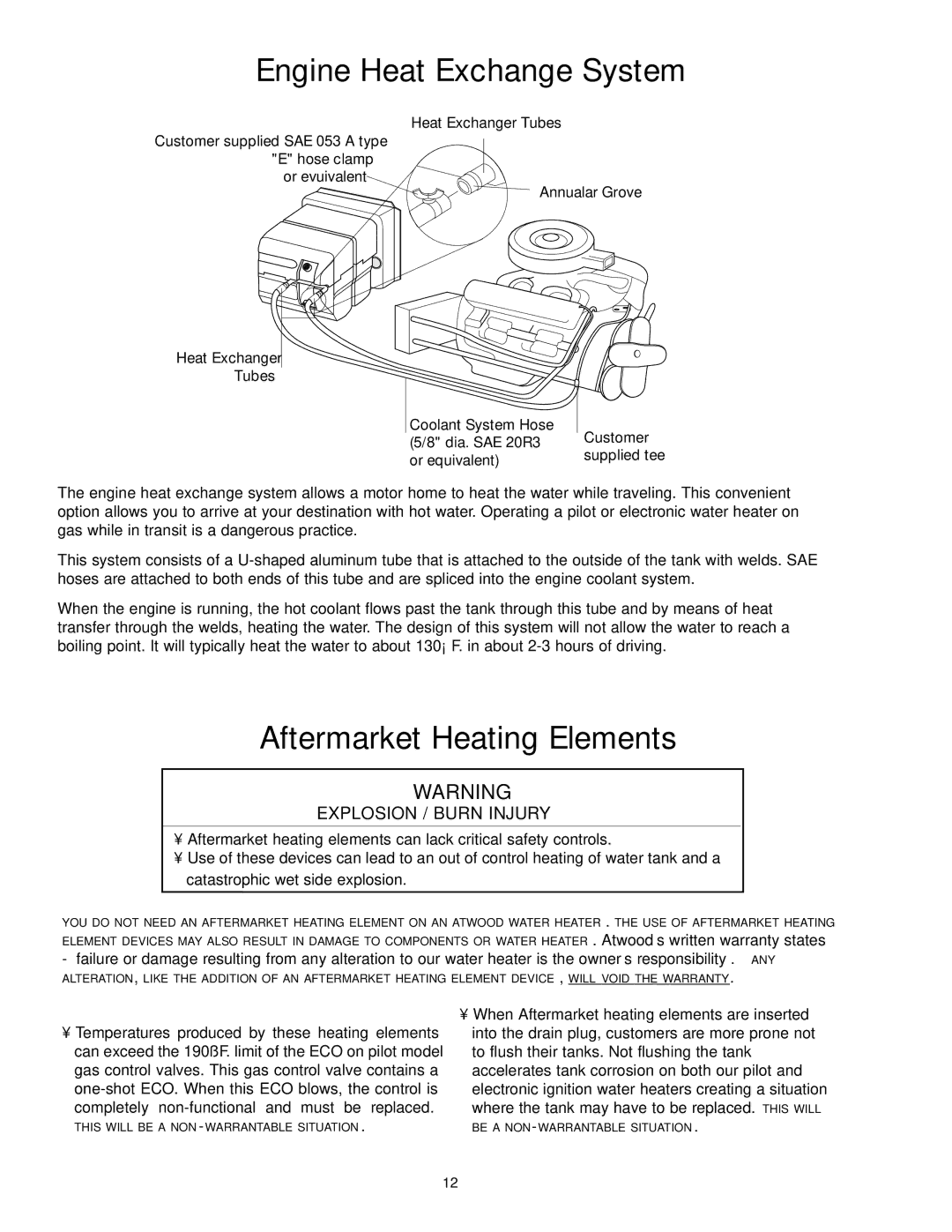 Atwood Mobile Products 94605 service manual Engine Heat Exchange System, Aftermarket Heating Elements, Heat Exchanger Tubes 