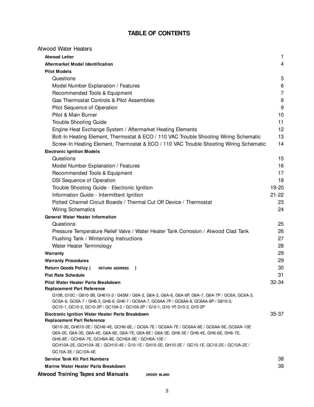 Atwood Mobile Products 94605 service manual Table of Contents 