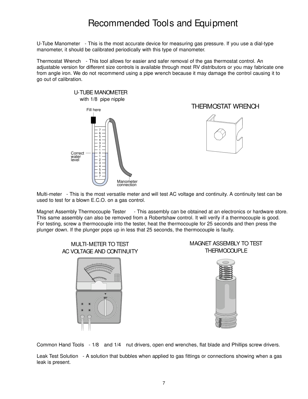 Atwood Mobile Products 94605 service manual Recommended Tools and Equipment, Thermostat Wrench 