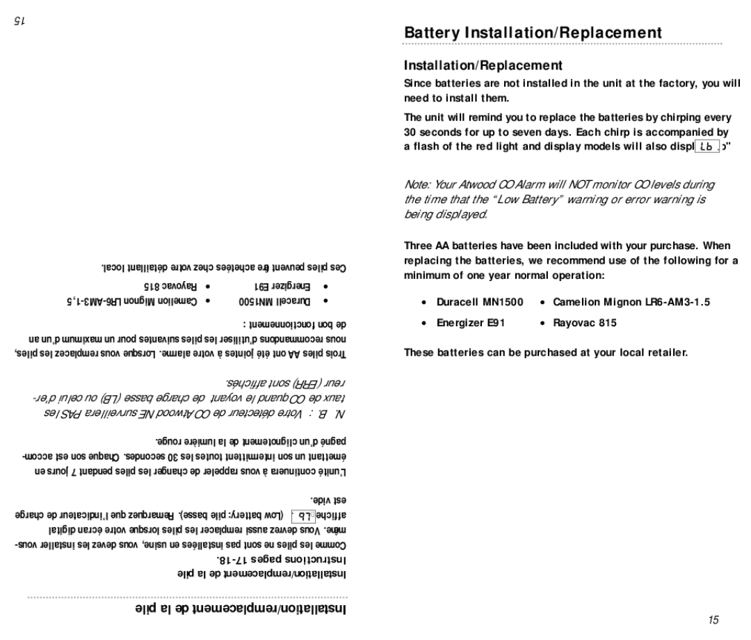 Atwood Mobile Products KN-COPP-B manual Battery Installation/Replacement, Duracell MN1500 