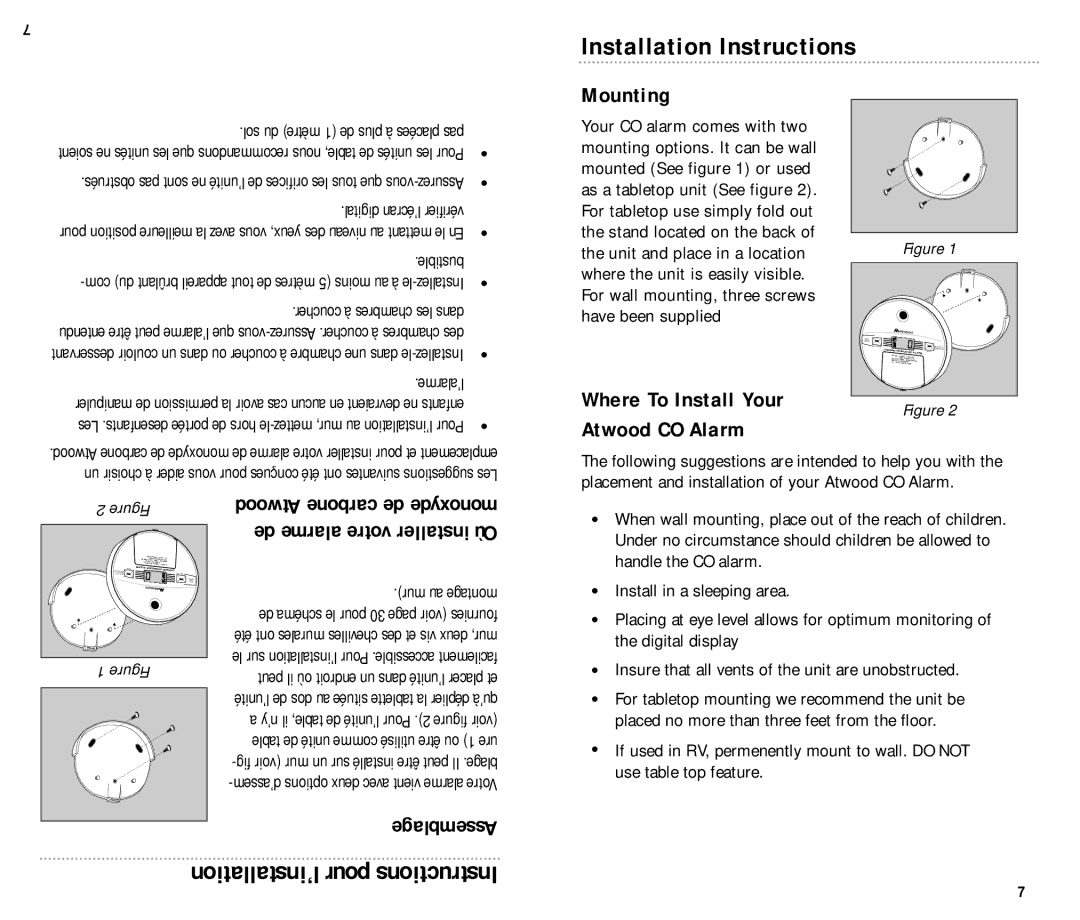 Atwood Mobile Products KN-COPP-B manual Installation Instructions, Mounting, Where To Install Your Atwood CO Alarm, ’alarme 